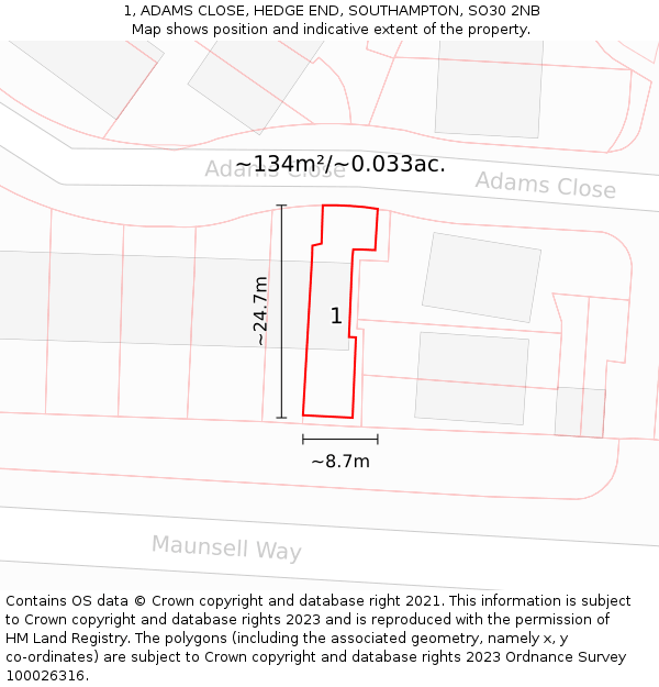 1, ADAMS CLOSE, HEDGE END, SOUTHAMPTON, SO30 2NB: Plot and title map