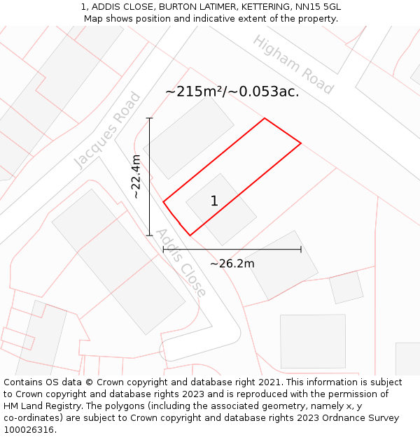 1, ADDIS CLOSE, BURTON LATIMER, KETTERING, NN15 5GL: Plot and title map