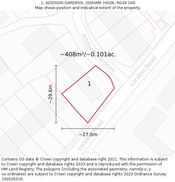 1, ADDISON GARDENS, ODIHAM, HOOK, RG29 1AS: Plot and title map