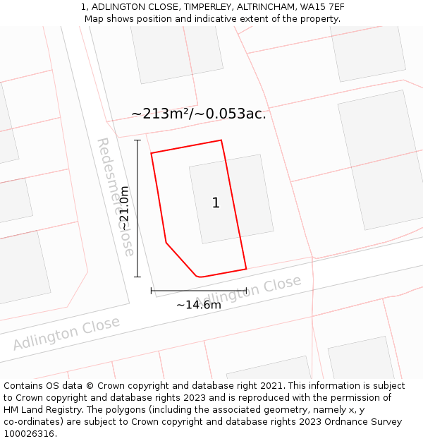 1, ADLINGTON CLOSE, TIMPERLEY, ALTRINCHAM, WA15 7EF: Plot and title map