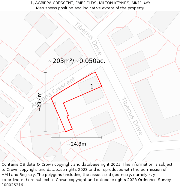 1, AGRIPPA CRESCENT, FAIRFIELDS, MILTON KEYNES, MK11 4AY: Plot and title map