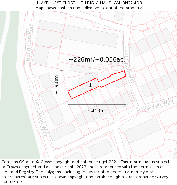 1, AKEHURST CLOSE, HELLINGLY, HAILSHAM, BN27 4DB: Plot and title map