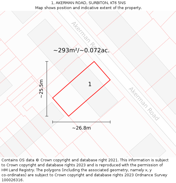 1, AKERMAN ROAD, SURBITON, KT6 5NS: Plot and title map
