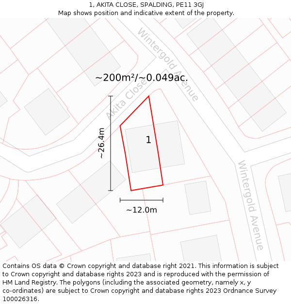 1, AKITA CLOSE, SPALDING, PE11 3GJ: Plot and title map