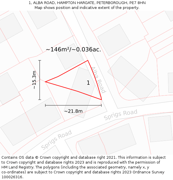 1, ALBA ROAD, HAMPTON HARGATE, PETERBOROUGH, PE7 8HN: Plot and title map