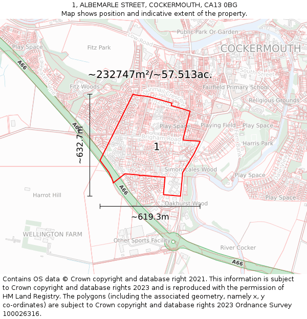 1, ALBEMARLE STREET, COCKERMOUTH, CA13 0BG: Plot and title map