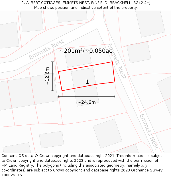 1, ALBERT COTTAGES, EMMETS NEST, BINFIELD, BRACKNELL, RG42 4HJ: Plot and title map