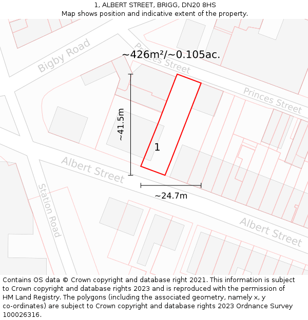1, ALBERT STREET, BRIGG, DN20 8HS: Plot and title map