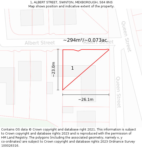 1, ALBERT STREET, SWINTON, MEXBOROUGH, S64 8NS: Plot and title map
