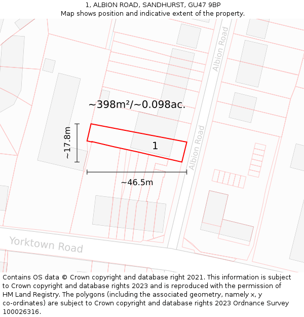 1, ALBION ROAD, SANDHURST, GU47 9BP: Plot and title map