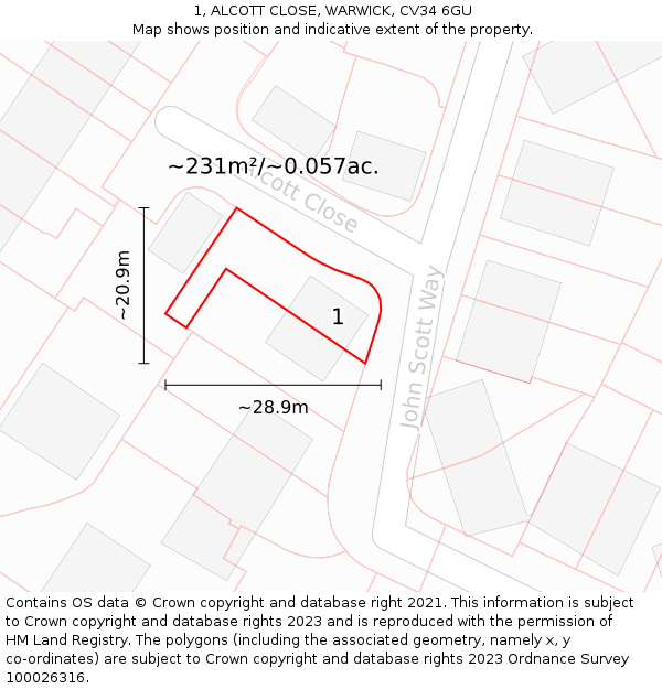 1, ALCOTT CLOSE, WARWICK, CV34 6GU: Plot and title map