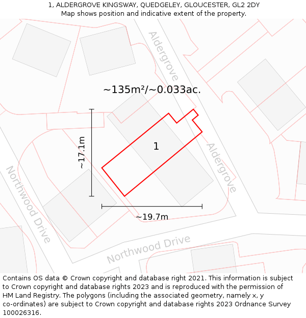 1, ALDERGROVE KINGSWAY, QUEDGELEY, GLOUCESTER, GL2 2DY: Plot and title map