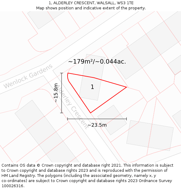 1, ALDERLEY CRESCENT, WALSALL, WS3 1TE: Plot and title map