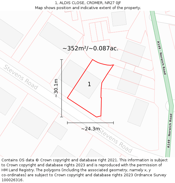 1, ALDIS CLOSE, CROMER, NR27 0JF: Plot and title map
