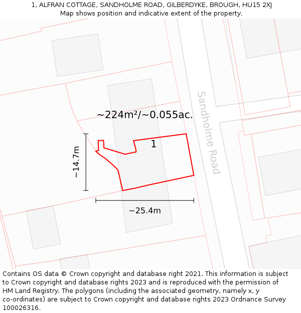 1, ALFRAN COTTAGE, SANDHOLME ROAD, GILBERDYKE, BROUGH, HU15 2XJ: Plot and title map