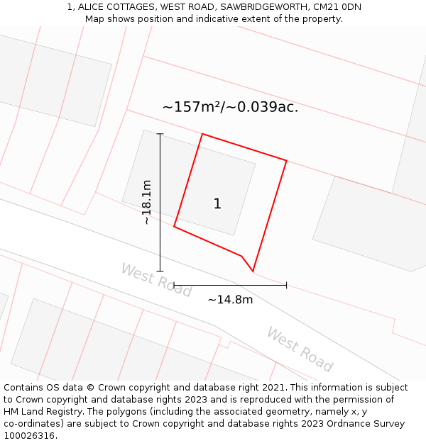 1, ALICE COTTAGES, WEST ROAD, SAWBRIDGEWORTH, CM21 0DN: Plot and title map