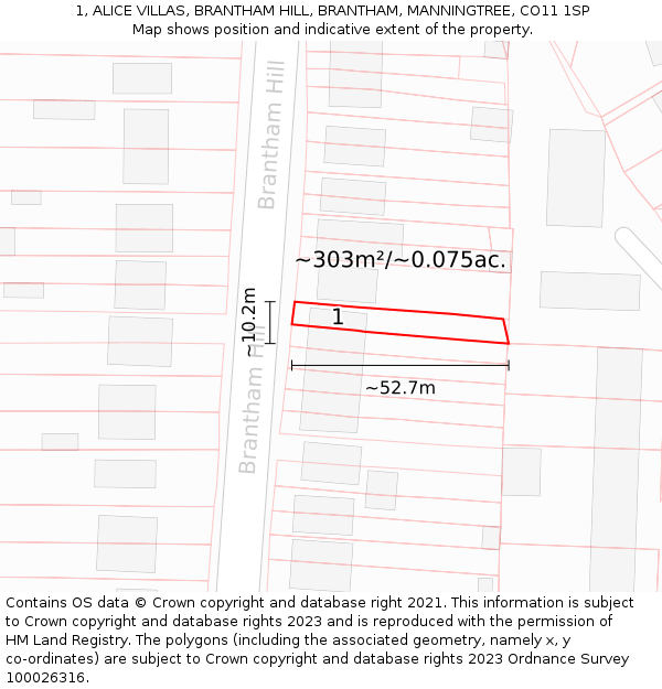 1, ALICE VILLAS, BRANTHAM HILL, BRANTHAM, MANNINGTREE, CO11 1SP: Plot and title map