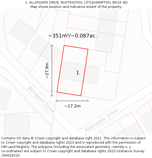 1, ALLANGATE DRIVE, RUSTINGTON, LITTLEHAMPTON, BN16 3JG: Plot and title map