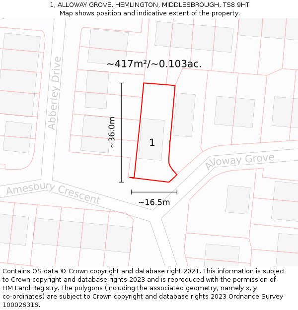 1, ALLOWAY GROVE, HEMLINGTON, MIDDLESBROUGH, TS8 9HT: Plot and title map