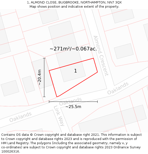 1, ALMOND CLOSE, BUGBROOKE, NORTHAMPTON, NN7 3QX: Plot and title map