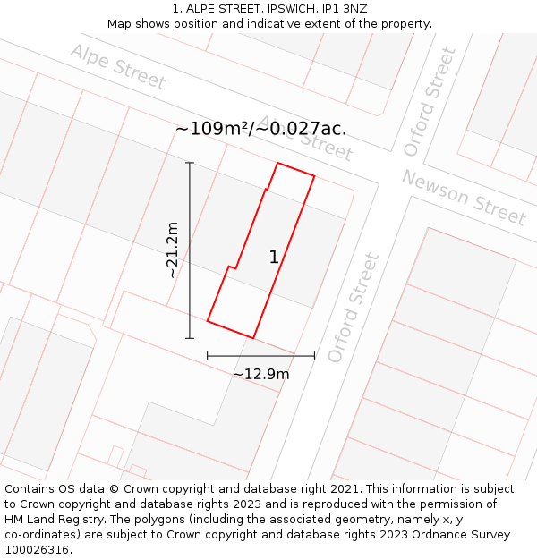 1, ALPE STREET, IPSWICH, IP1 3NZ: Plot and title map