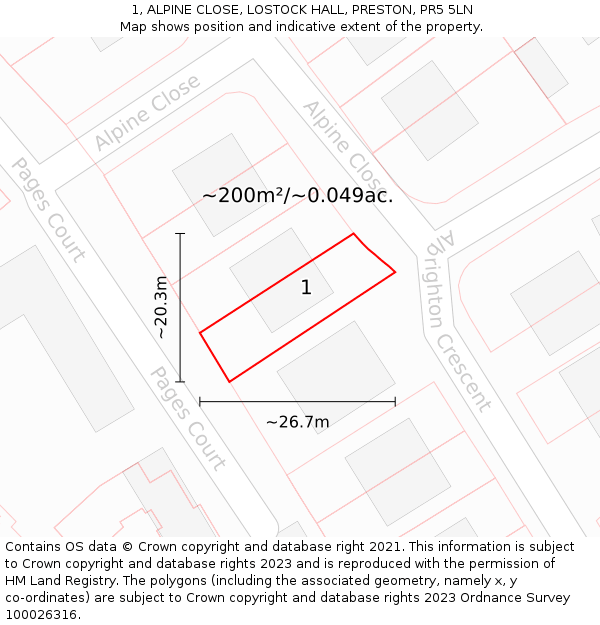 1, ALPINE CLOSE, LOSTOCK HALL, PRESTON, PR5 5LN: Plot and title map