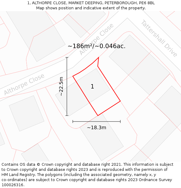 1, ALTHORPE CLOSE, MARKET DEEPING, PETERBOROUGH, PE6 8BL: Plot and title map