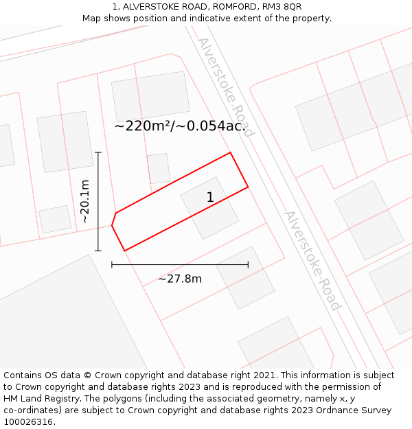 1, ALVERSTOKE ROAD, ROMFORD, RM3 8QR: Plot and title map