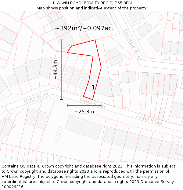 1, ALWIN ROAD, ROWLEY REGIS, B65 8BN: Plot and title map