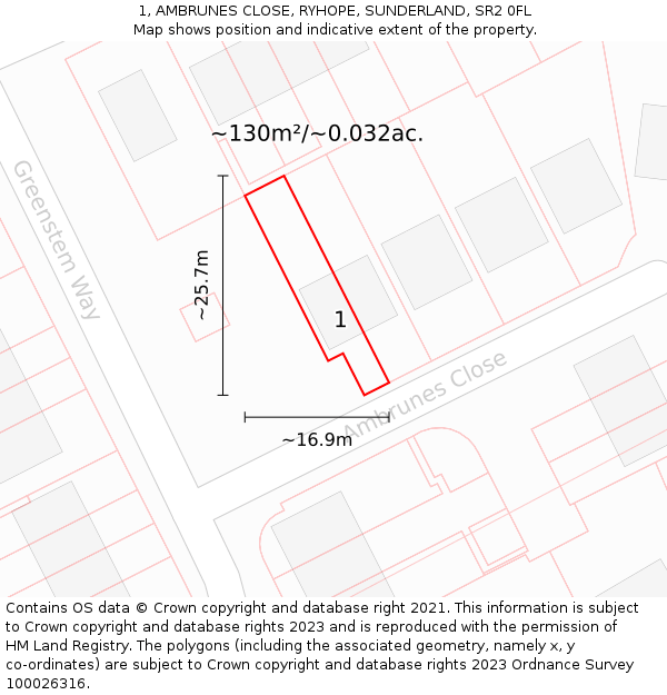 1, AMBRUNES CLOSE, RYHOPE, SUNDERLAND, SR2 0FL: Plot and title map
