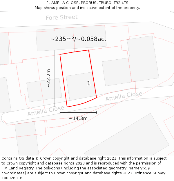 1, AMELIA CLOSE, PROBUS, TRURO, TR2 4TS: Plot and title map