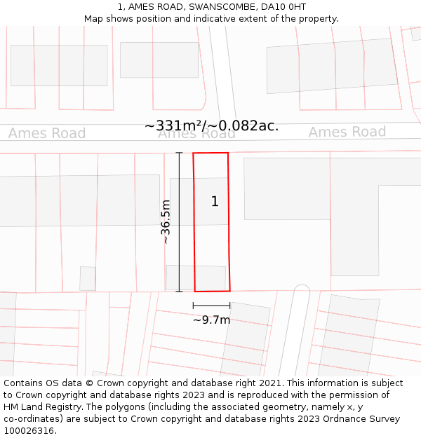 1, AMES ROAD, SWANSCOMBE, DA10 0HT: Plot and title map