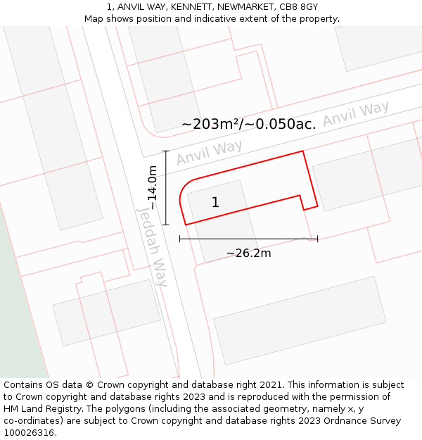 1, ANVIL WAY, KENNETT, NEWMARKET, CB8 8GY: Plot and title map