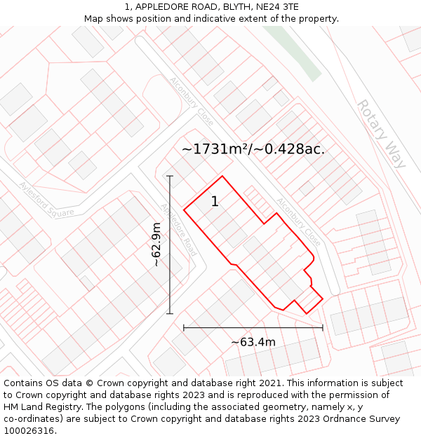 1, APPLEDORE ROAD, BLYTH, NE24 3TE: Plot and title map