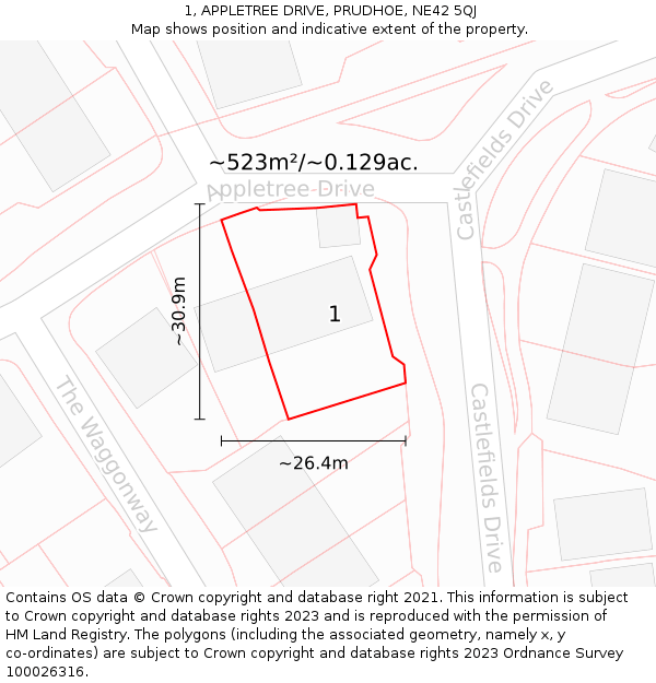 1, APPLETREE DRIVE, PRUDHOE, NE42 5QJ: Plot and title map