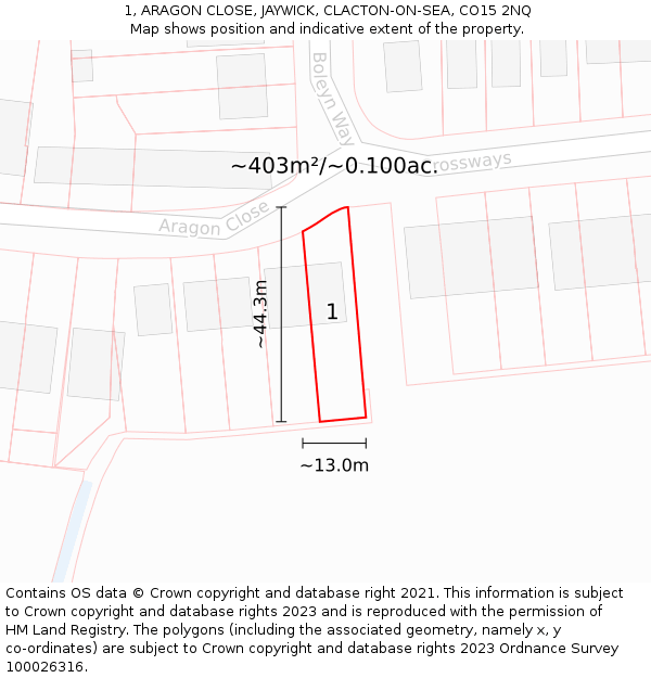 1, ARAGON CLOSE, JAYWICK, CLACTON-ON-SEA, CO15 2NQ: Plot and title map