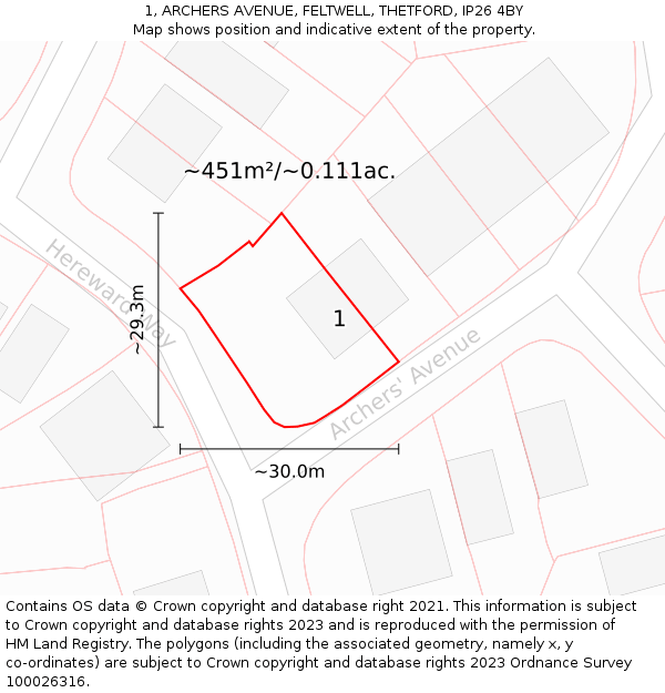 1, ARCHERS AVENUE, FELTWELL, THETFORD, IP26 4BY: Plot and title map