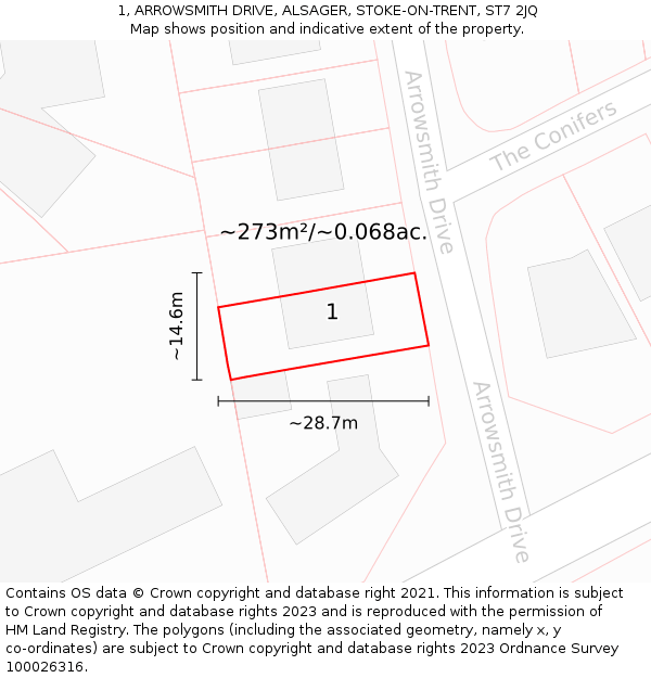 1, ARROWSMITH DRIVE, ALSAGER, STOKE-ON-TRENT, ST7 2JQ: Plot and title map