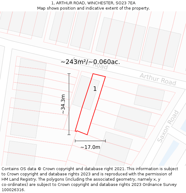 1, ARTHUR ROAD, WINCHESTER, SO23 7EA: Plot and title map