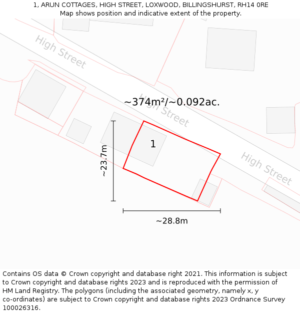 1, ARUN COTTAGES, HIGH STREET, LOXWOOD, BILLINGSHURST, RH14 0RE: Plot and title map