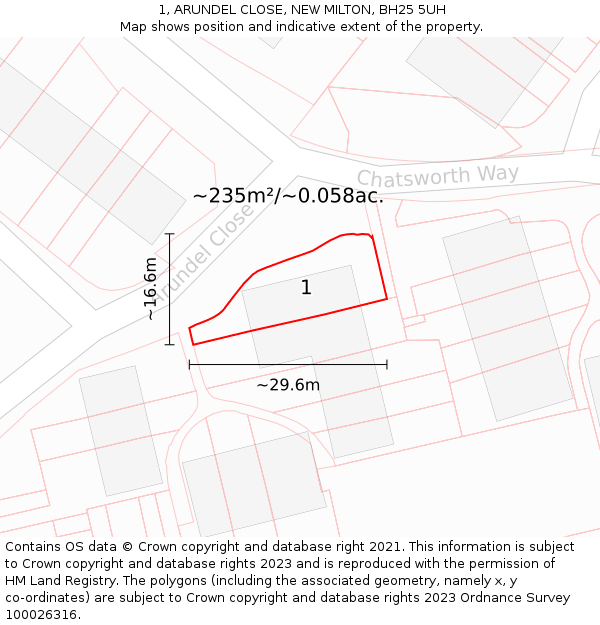 1, ARUNDEL CLOSE, NEW MILTON, BH25 5UH: Plot and title map