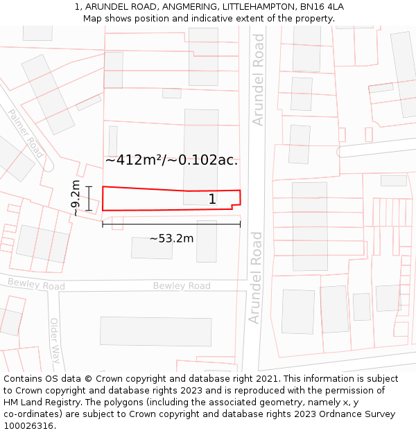 1, ARUNDEL ROAD, ANGMERING, LITTLEHAMPTON, BN16 4LA: Plot and title map