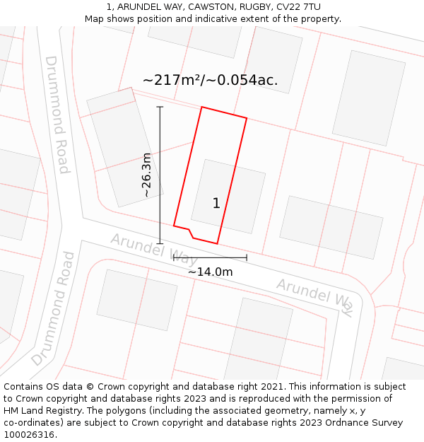 1, ARUNDEL WAY, CAWSTON, RUGBY, CV22 7TU: Plot and title map
