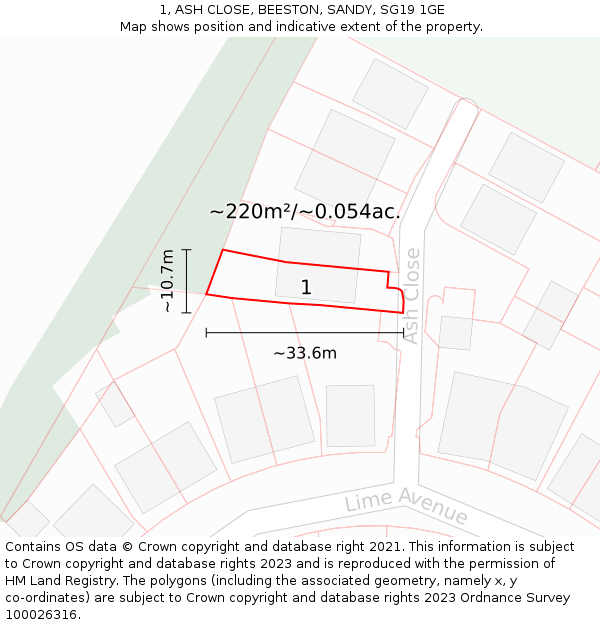 1, ASH CLOSE, BEESTON, SANDY, SG19 1GE: Plot and title map