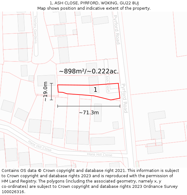 1, ASH CLOSE, PYRFORD, WOKING, GU22 8UJ: Plot and title map