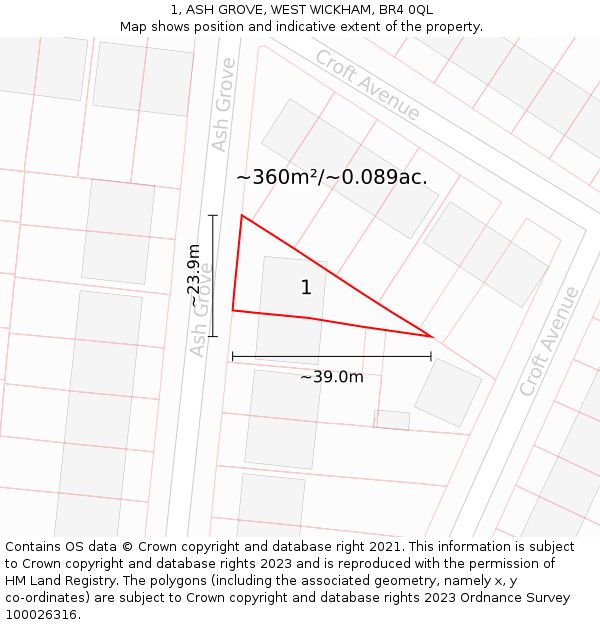 1, ASH GROVE, WEST WICKHAM, BR4 0QL: Plot and title map