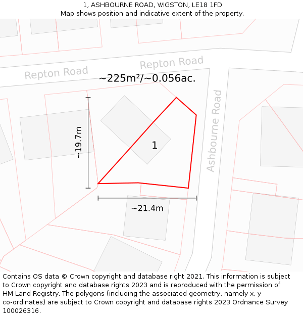 1, ASHBOURNE ROAD, WIGSTON, LE18 1FD: Plot and title map