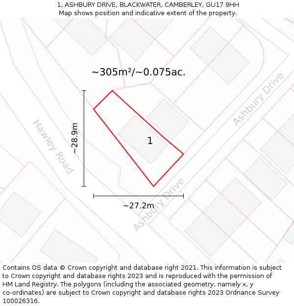 1, ASHBURY DRIVE, BLACKWATER, CAMBERLEY, GU17 9HH: Plot and title map