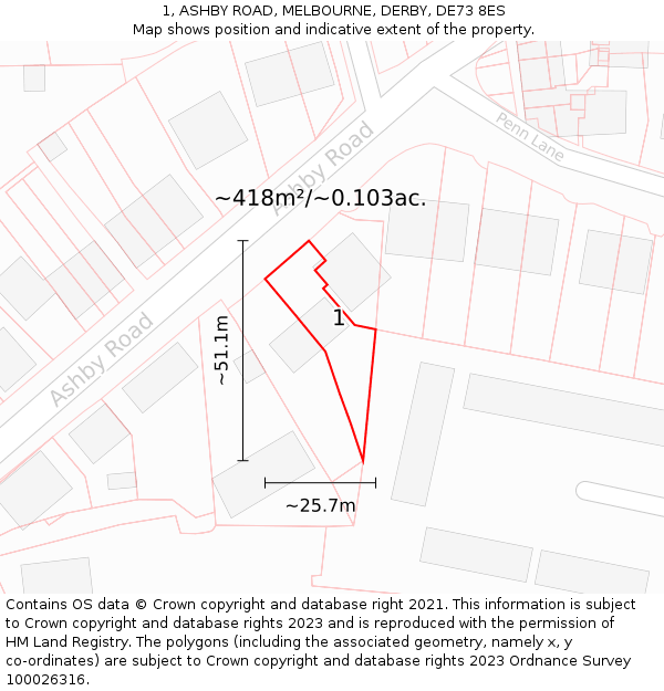 1, ASHBY ROAD, MELBOURNE, DERBY, DE73 8ES: Plot and title map