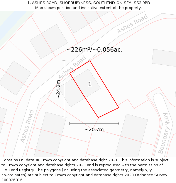 1, ASHES ROAD, SHOEBURYNESS, SOUTHEND-ON-SEA, SS3 9RB: Plot and title map